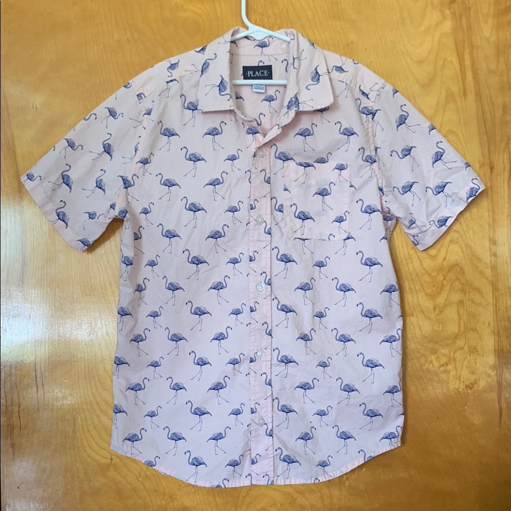 EUC The Children's Place Boys Size 14 Light Pink Flamingo Button Down Shirt